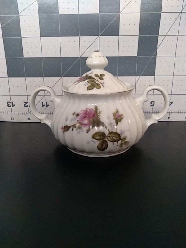 Vintage Moss Rose Sugar Bowl With Lid Gold Ribbed Edge