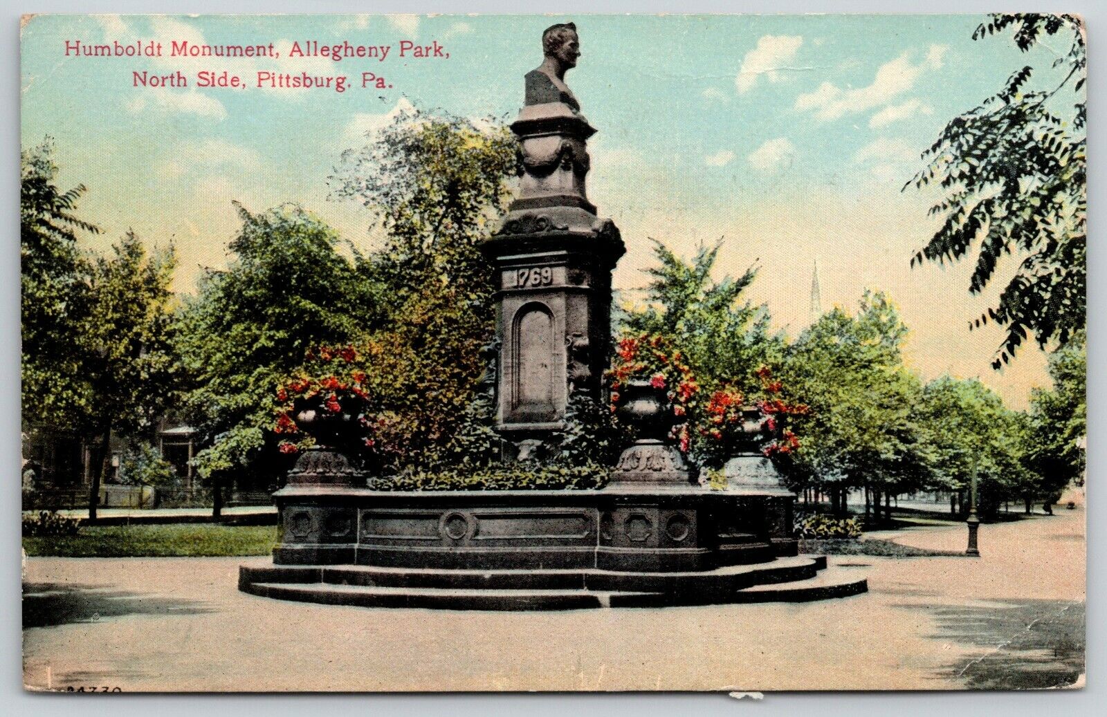 Pittsburg PA~Humboldt Bust Monument~Allegheny Park~Nice Flower Planters~1910