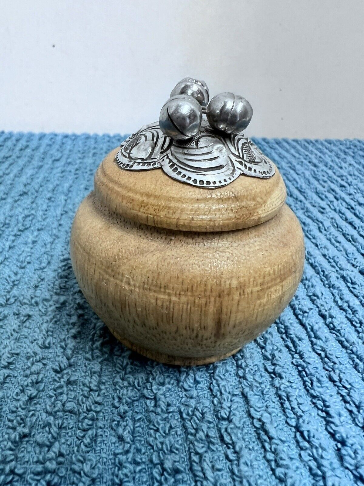 Vintage Carved Mango Wood Trinket Box w Intricate Metal Top w Bells 4.5” H
