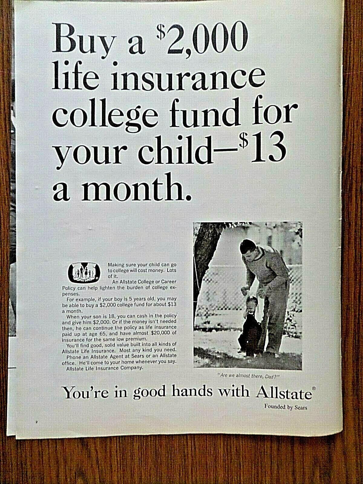 1965 Allstate Insurance Ad Buy a $2000 College Fund for Your Child $13 a Month