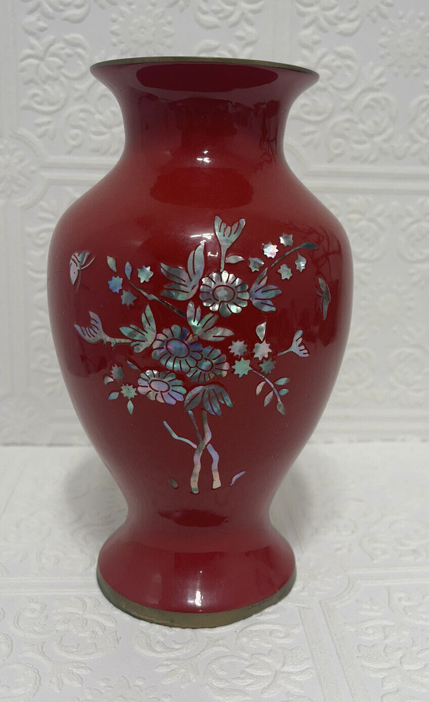 Vintage Enamel Mother Of Pearl Red Brass Vase  7\