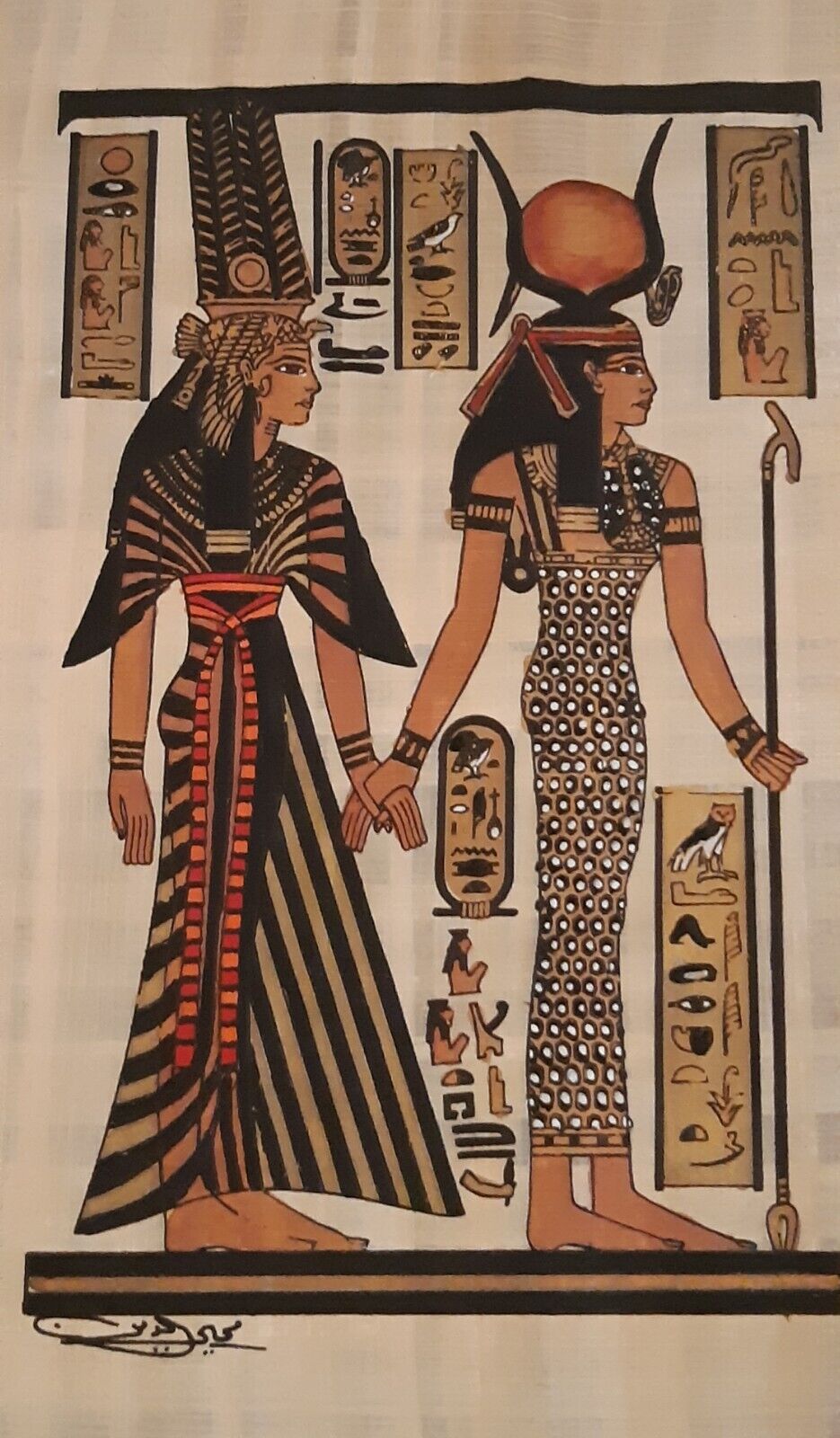Queen Nefertari & goddess ISIS, handmade, handpainted Egypt papyrus, 14\