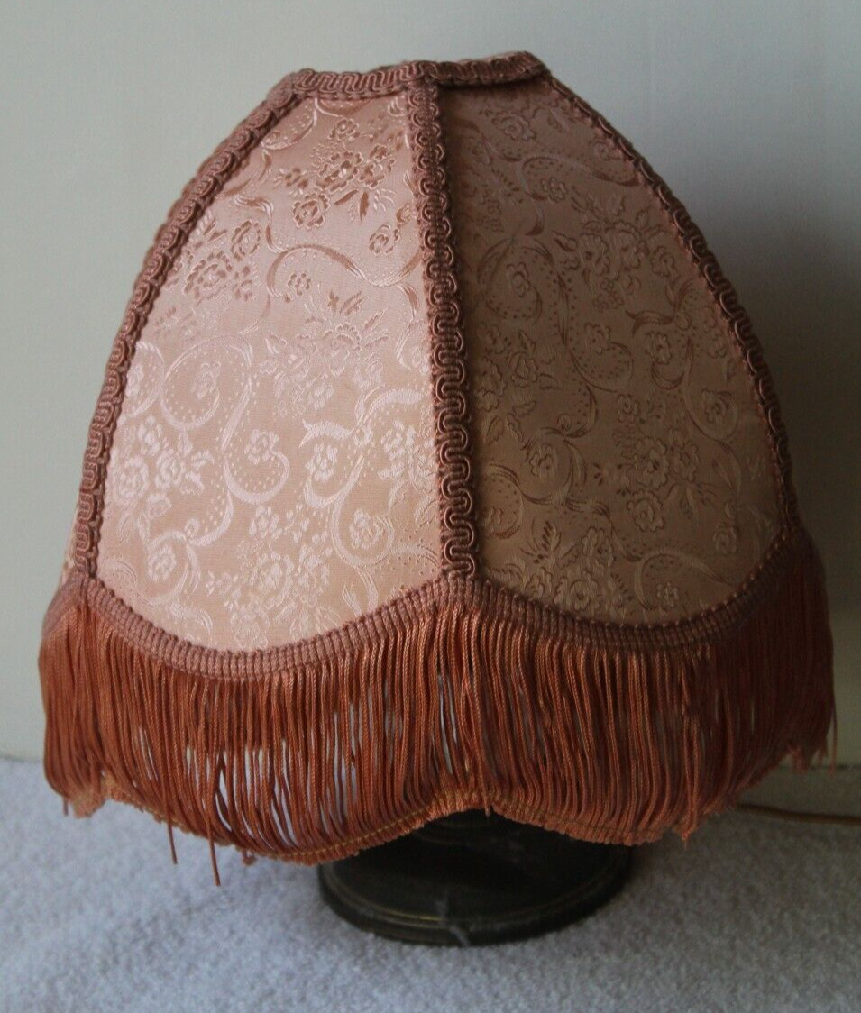Vintage Mid-Century Lamp Shade Pink Brocade Damask Fringed Fabric Floral