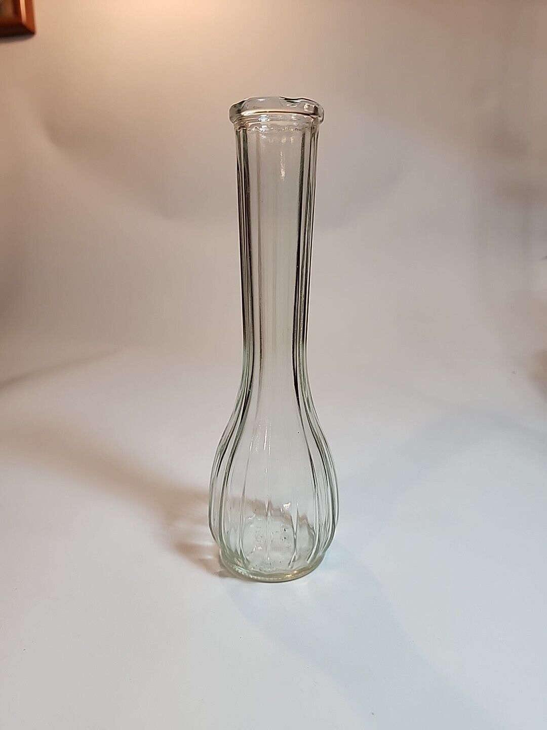 VINTAGE C.F.G Ribbed Clear Glass Bud Vase With Scalloped Rim 8.5 Tall \