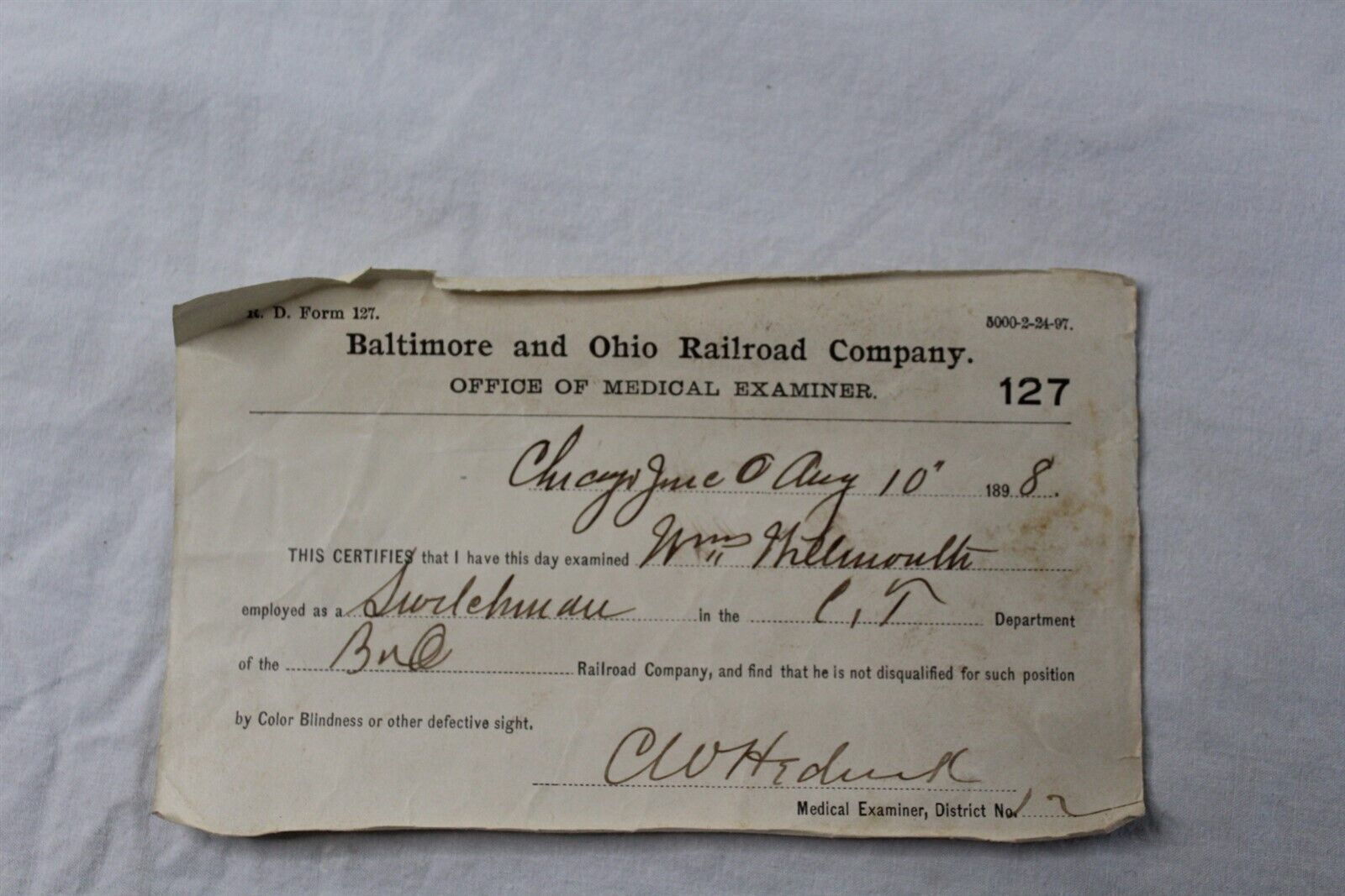  1898 B&O Railroad Medical Vision Examination Certificate Antique