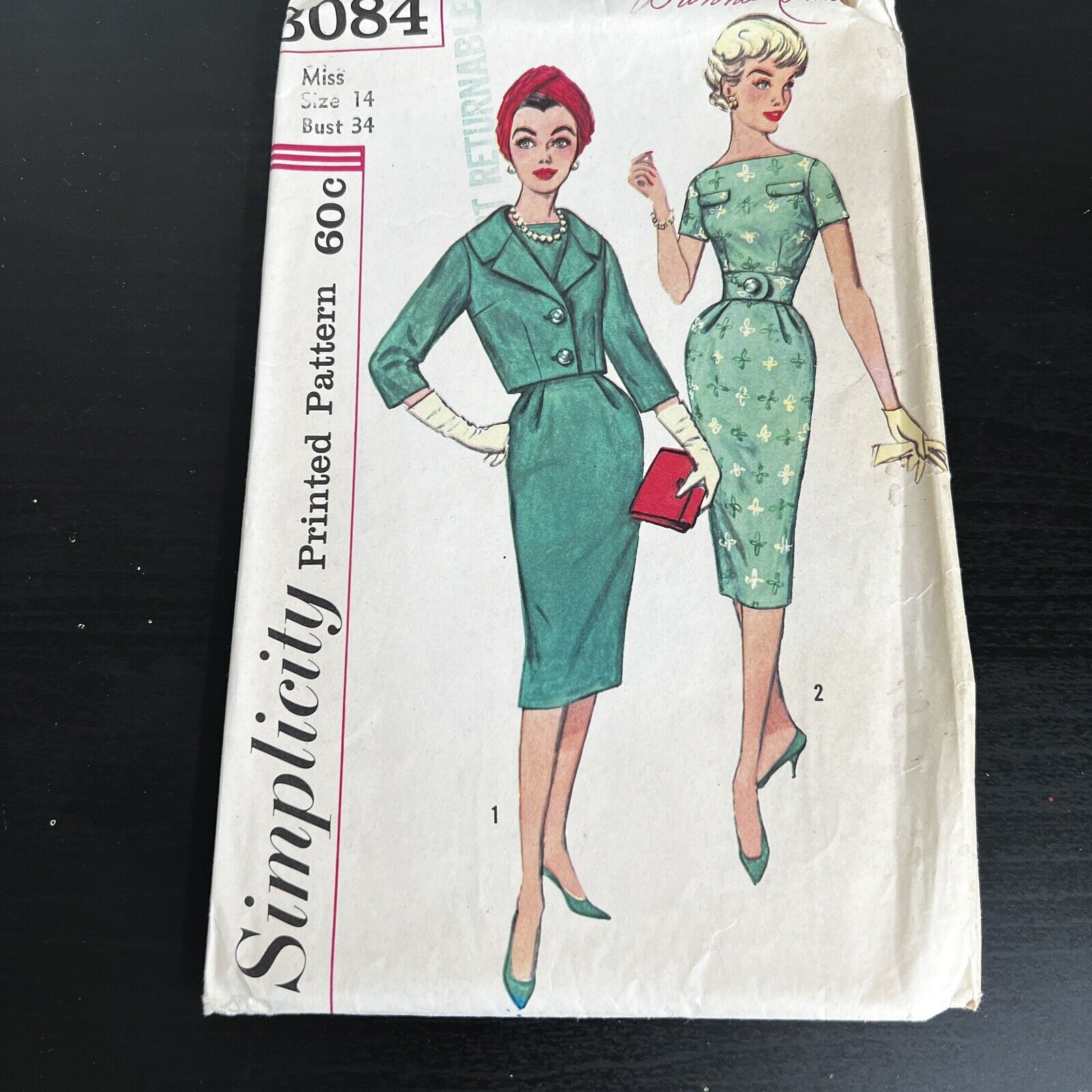 Vintage 1950s Simplicity 3084 Bateau Neck Dress + Jacket Sewing Pattern 14 CUT