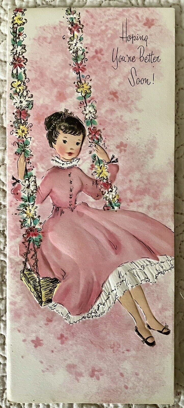 Unused Get Well Girl Swing Pink Dress Glitter Vintage Greeting Card 1950s 1960s