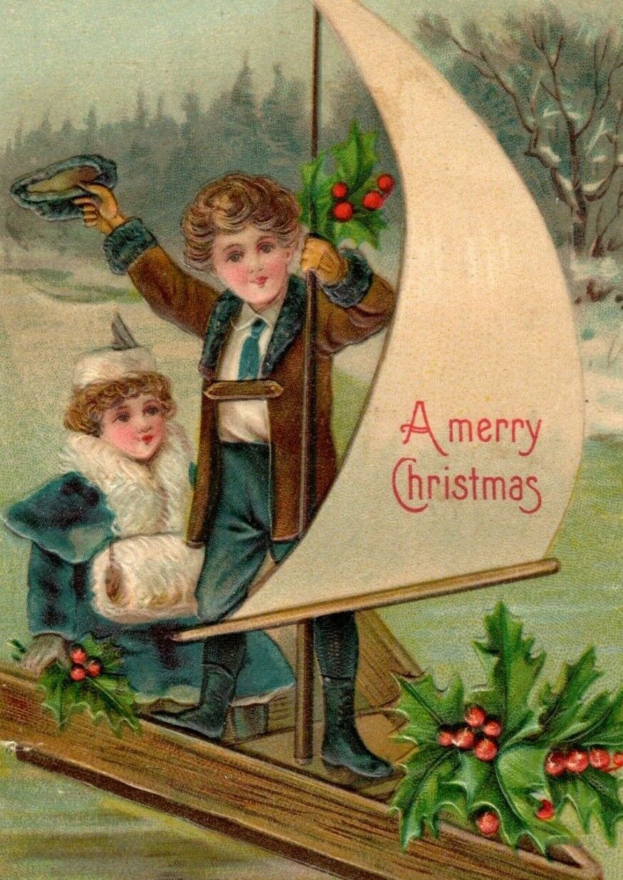 1907 Embossed Christmas Postcard Victorian Children On Boat With Mistletoe