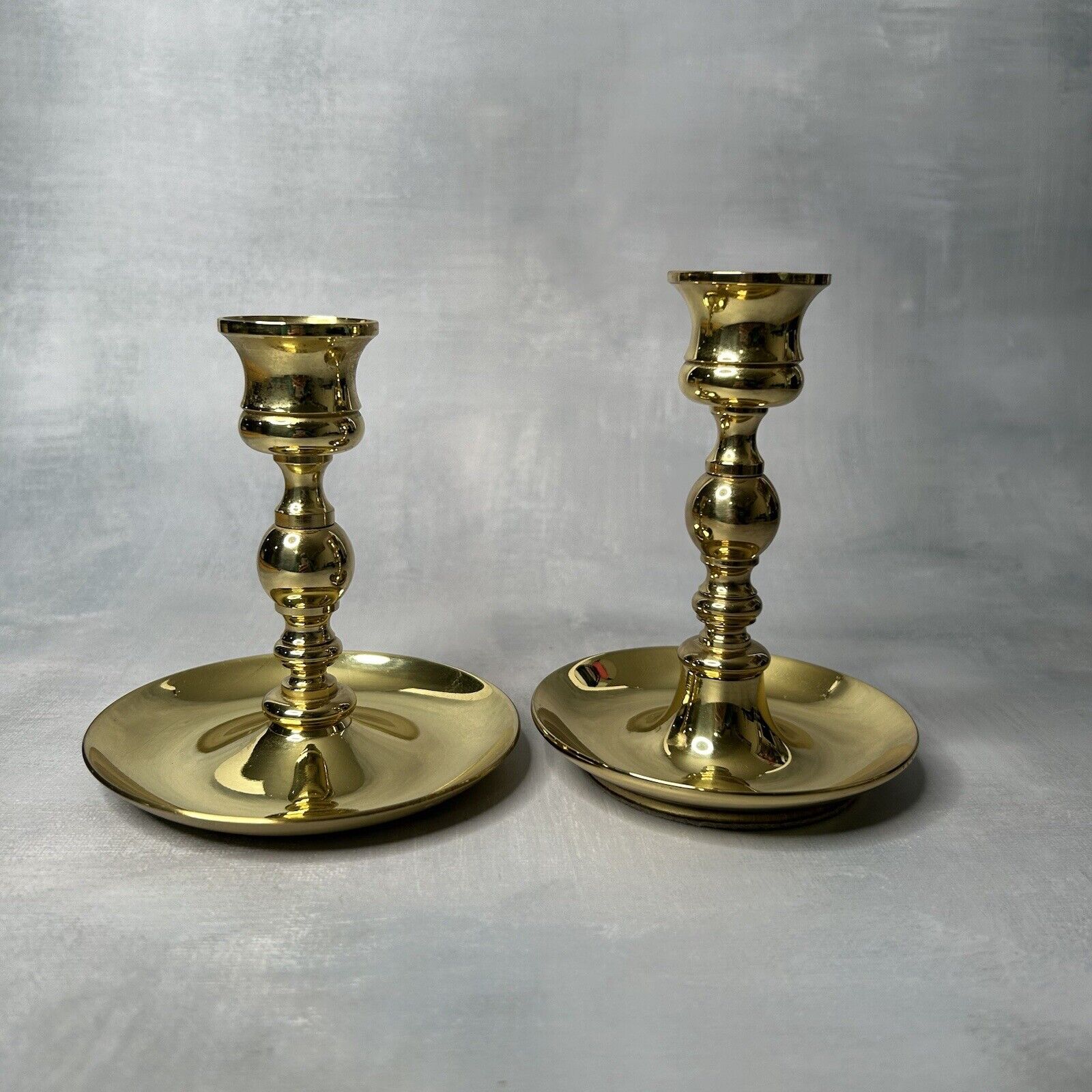2 Mismatched Baldwin Brass Candlesticks w/ Saucer Base Taper Candle Holders