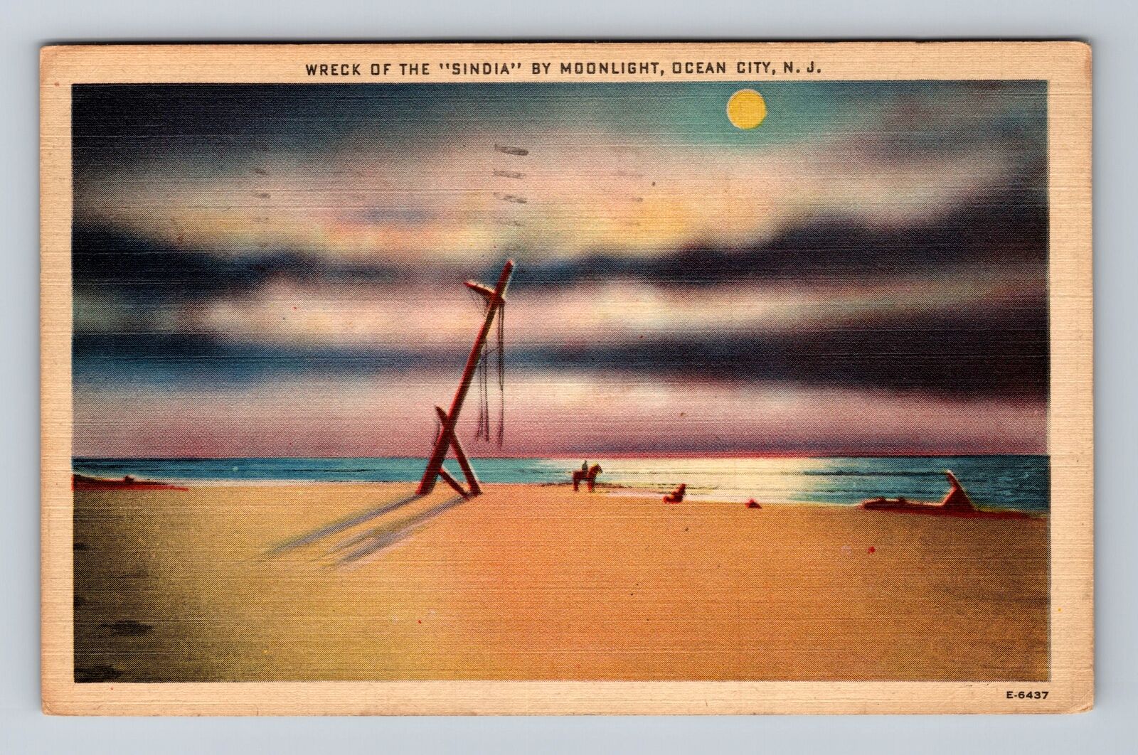 Ocean City NJ-New Jersey, Wreck Of Sindia By Moonlight, Vintage c1943 Postcard