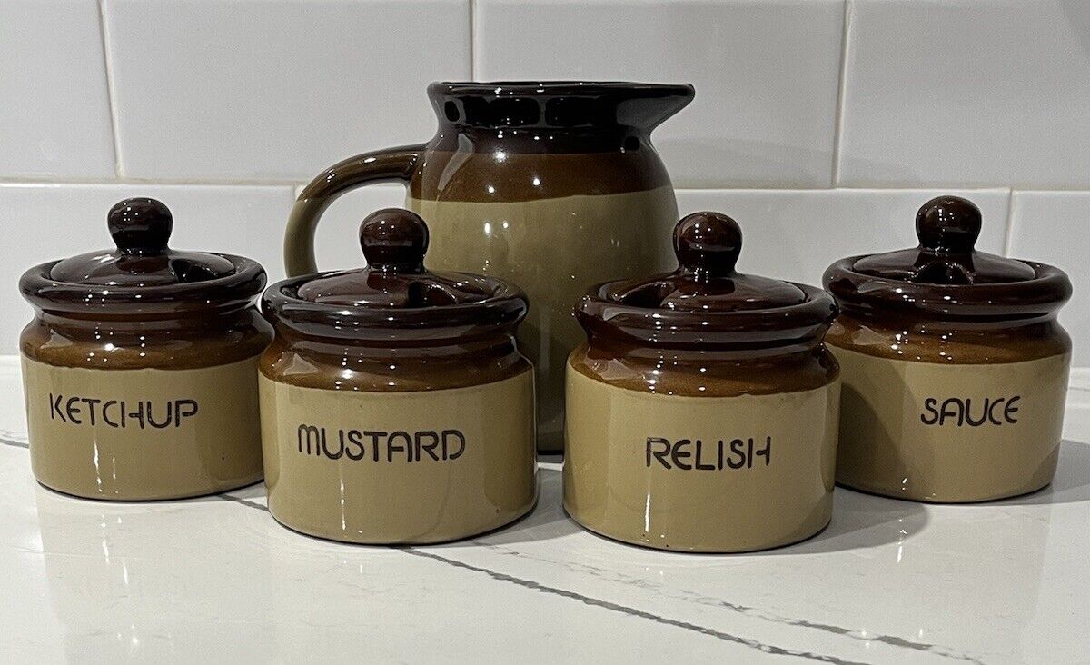 Vintage Brown & Tan Stoneware Condiment Set with Small Pitcher
