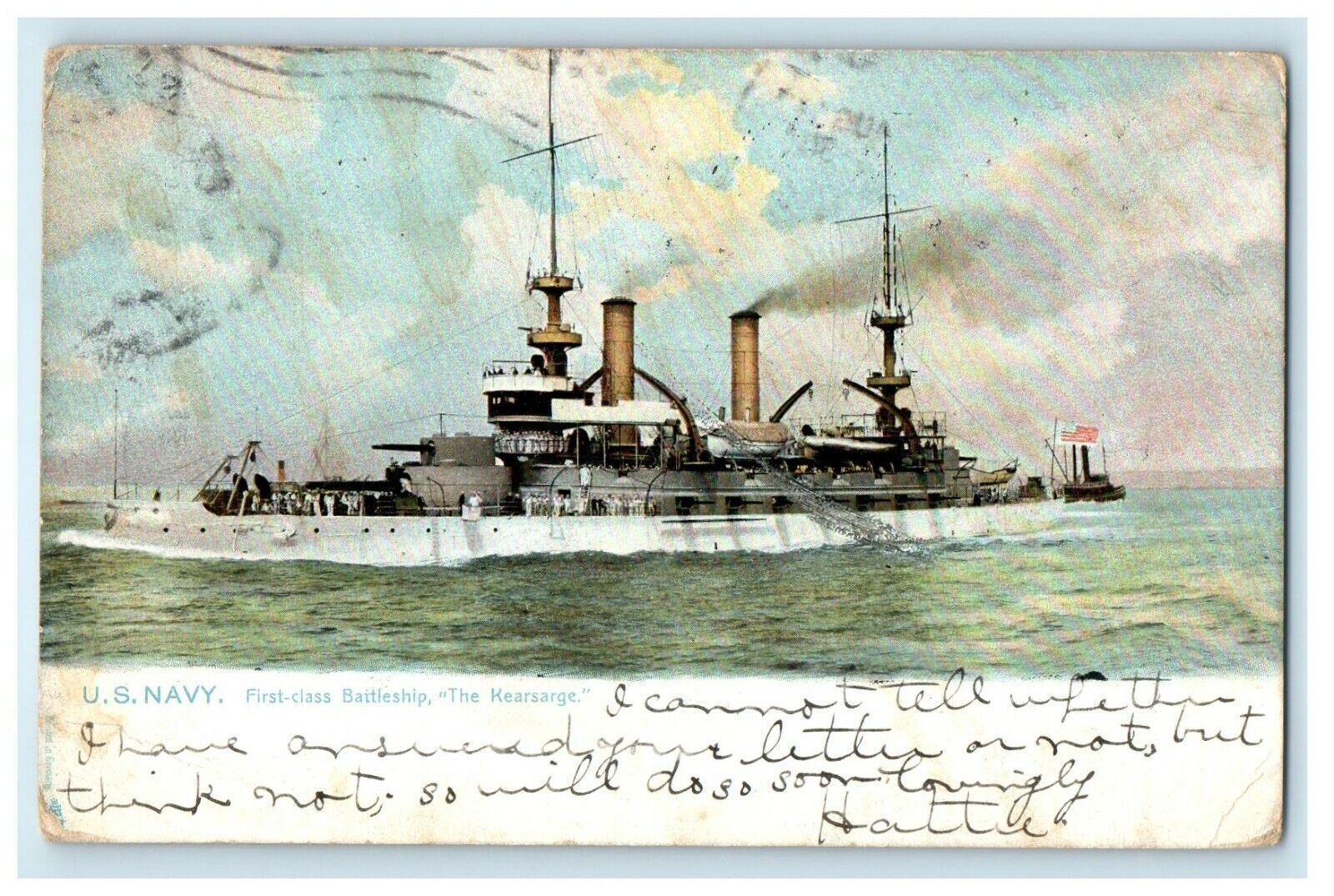 1910 Tuck\'s U.S Navy First Class Battleship The Kearsarge Pittsfield MA Postcard