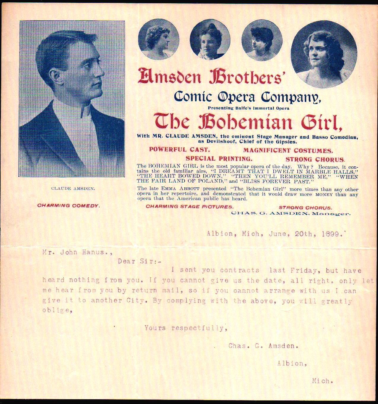 1899 Albion Mi - Vaudeville - Amsden Brothers - Comic Opera Co Letter Head Bill