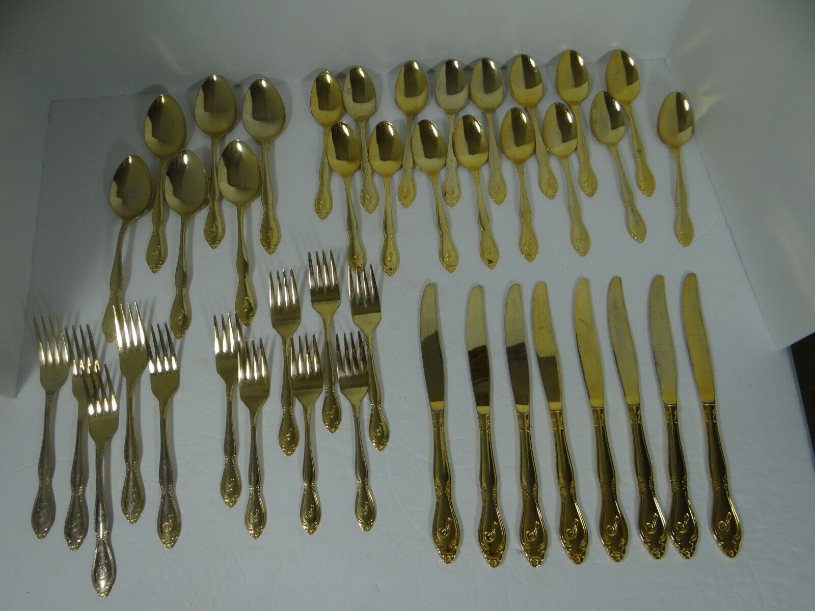Goldtone Flatware 42 Pieces Korea Monogrammed Knives Spoons Forks