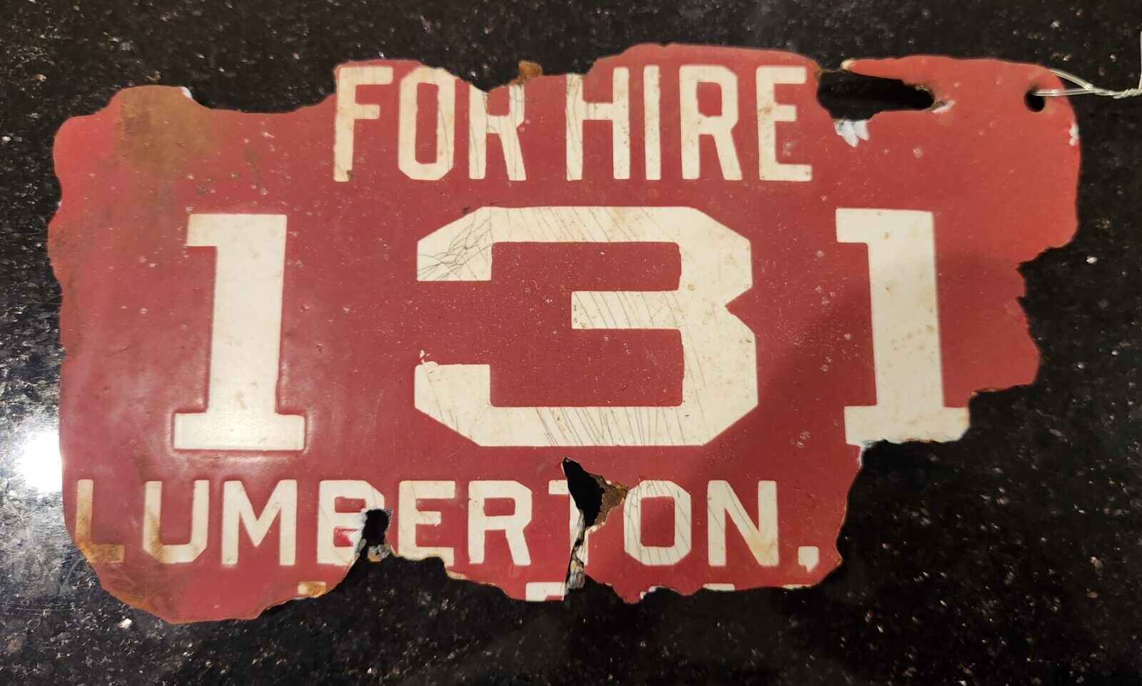 1917-18 LUMBERTON For Hire North Carolina Porcelain License Plate Car Tag Auto