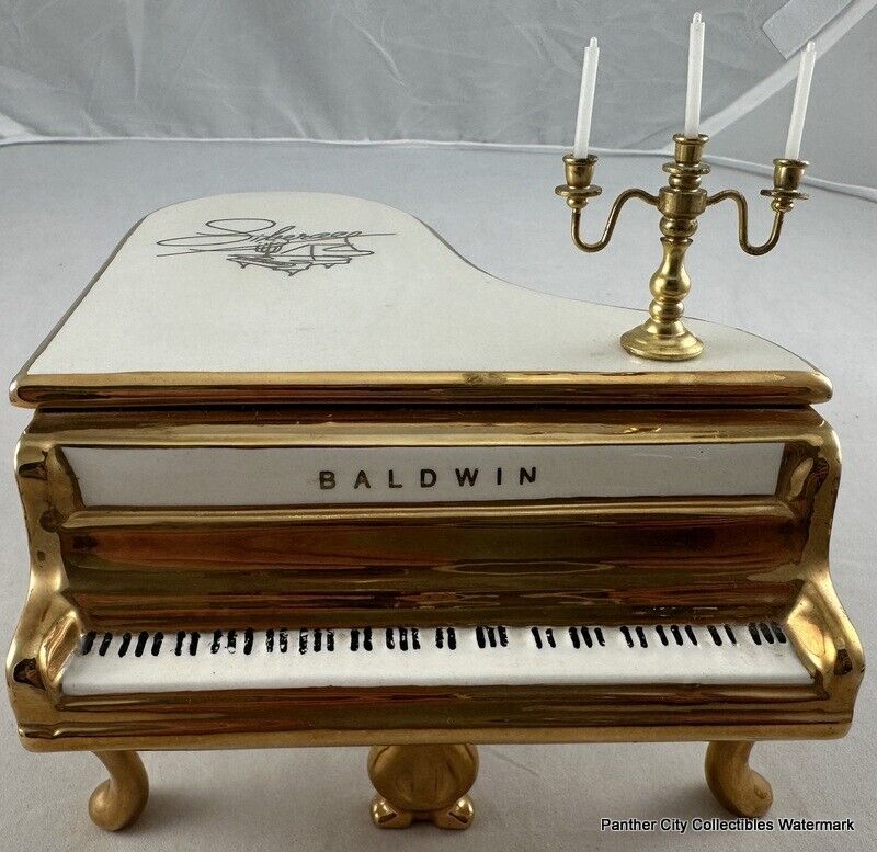 Vintage Large Porcelain Music Box Liberace Baldwin Gold White Grand Piano