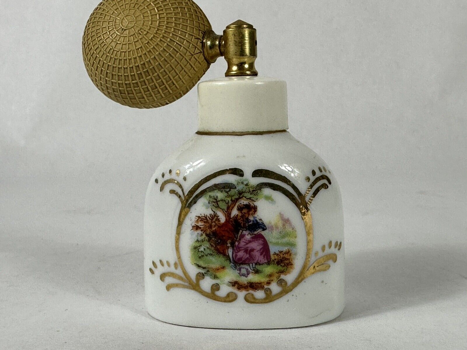 Vintage Irice Porcelain Perfume Atomizer Hand Painted Scene w/ Gold Trim
