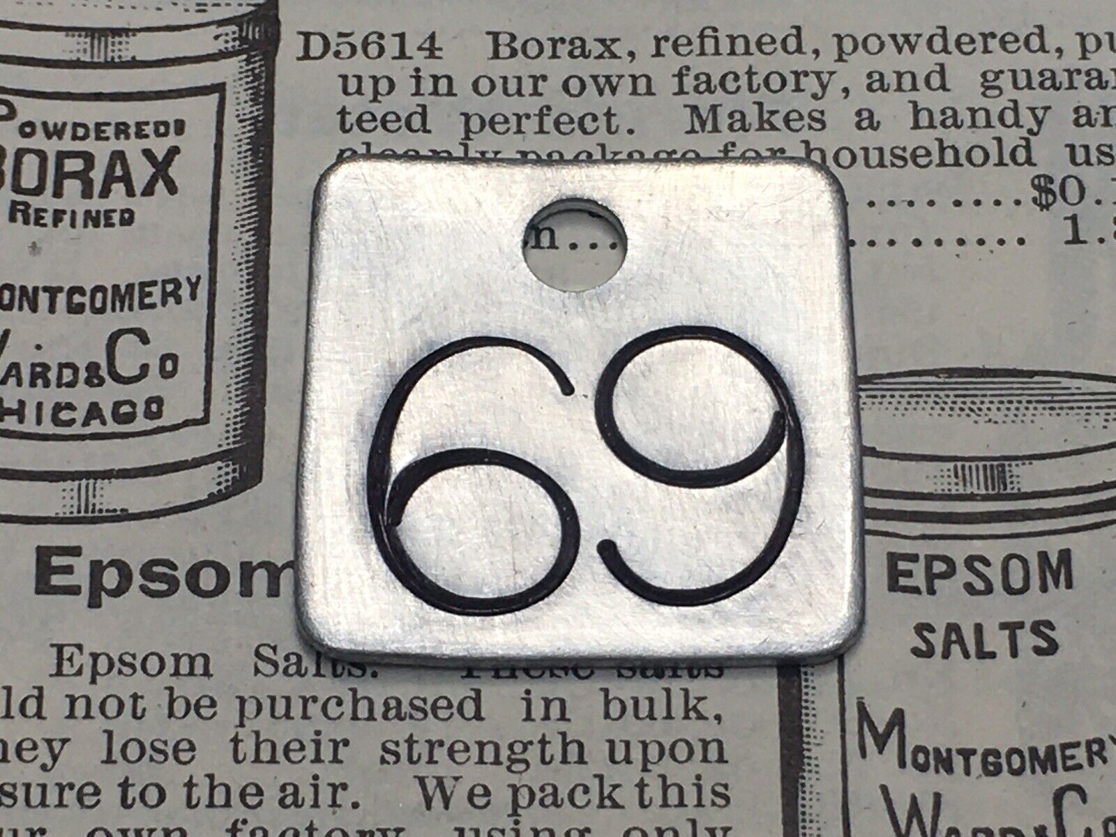 Number 69 Tag Aluminum Metal Cattle Tag Keychain Stamped Token Fob Mining Check