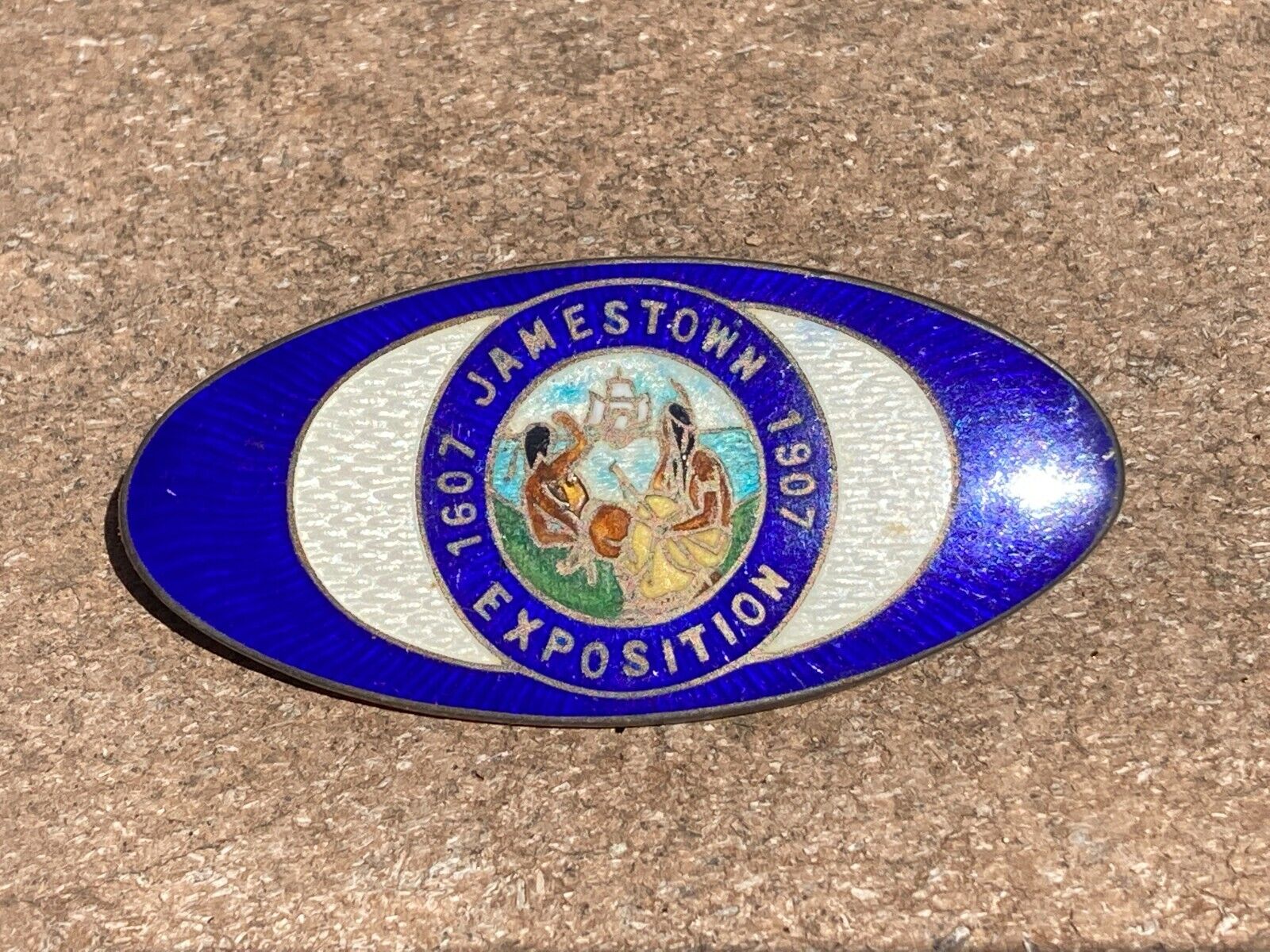1607-1907 Jamestown Exposition Powhatan Ter-Centennial Enamel Brooch Pin