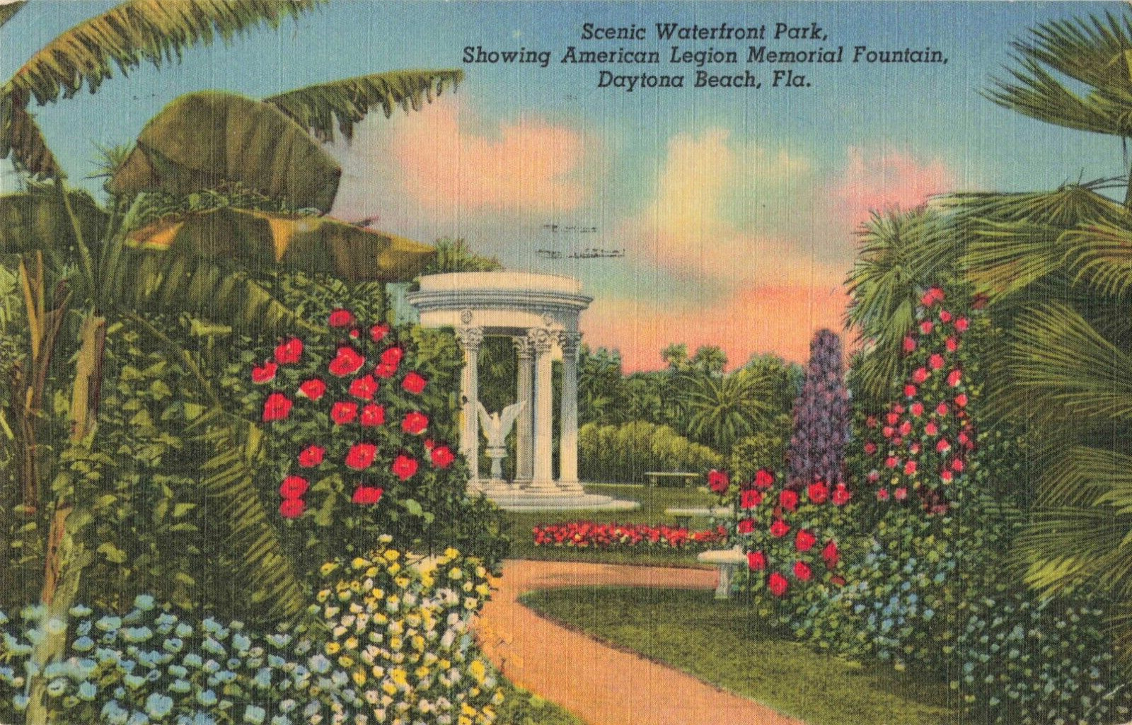 Daytona Beach Florida, Waterfront Park American Legion Fountain Vintage Postcard
