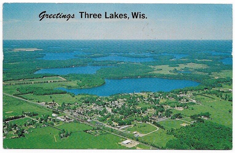Three Lakes Wis~Aerial View Lake Town~Souvenir Postcard~Written 1966