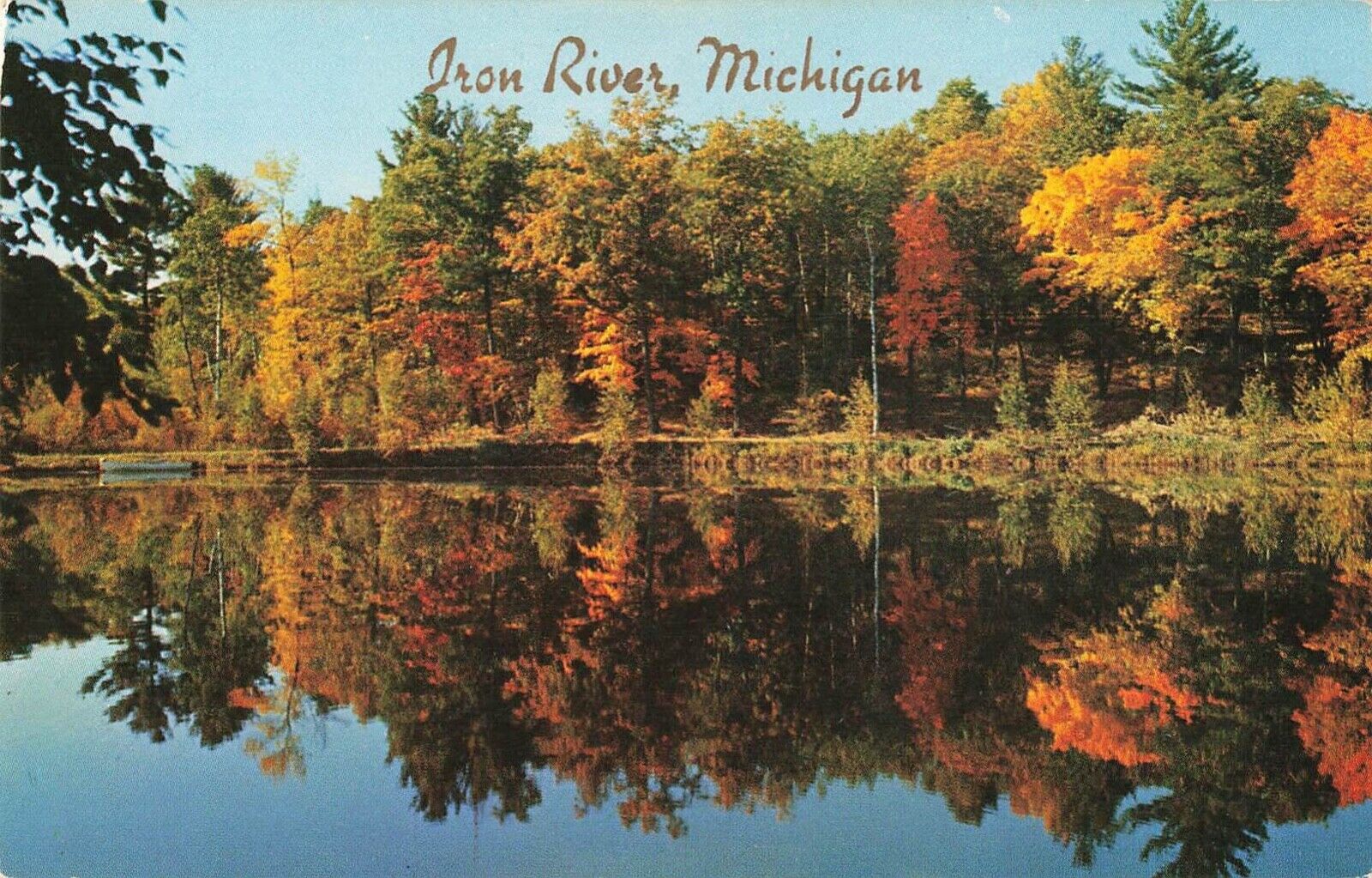 Iron River, Michigan Postcard Autumn Scene Mirrored on Lake c 1957     T3