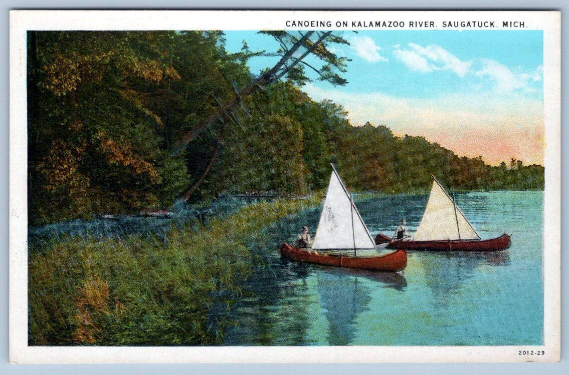 1920\'s CANOEING ON KALAMAZOO RIVER SAUGATUCK MICHIGAN CANOES SAILS POSTCARD