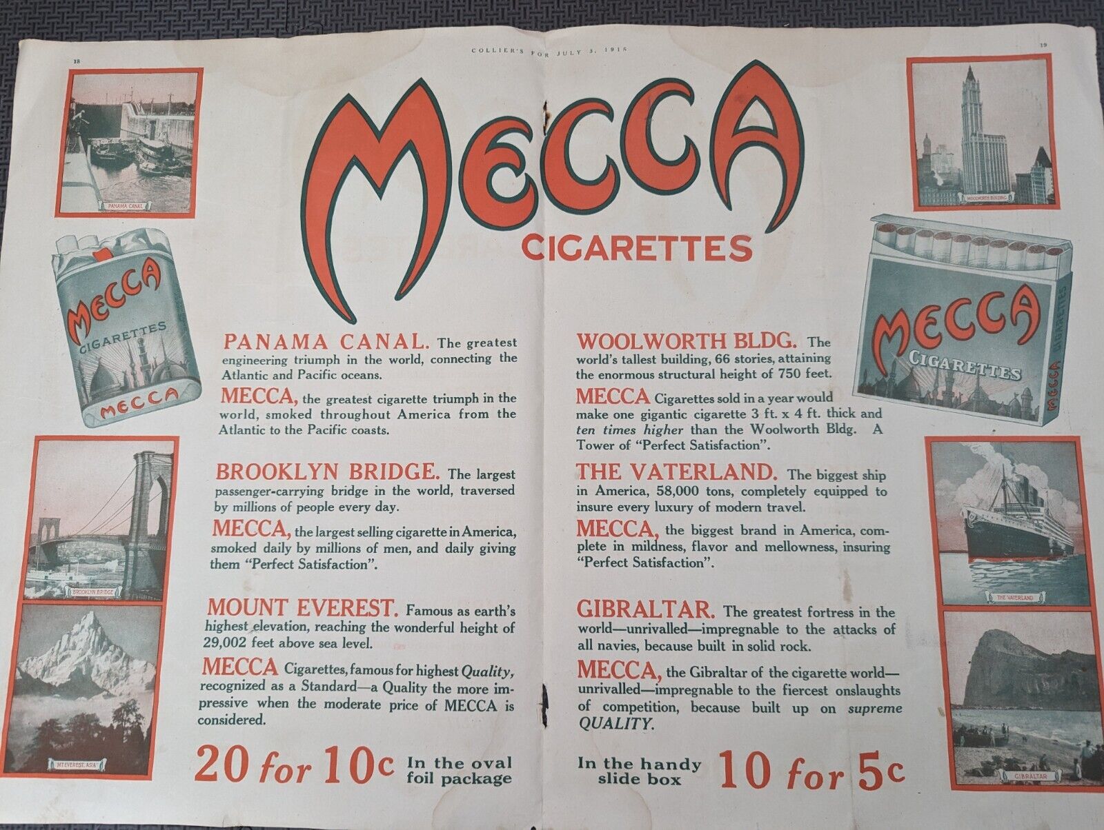 Large Original Antique Magazine Ad 1915 Mecca Cigarettes Double Page Rare