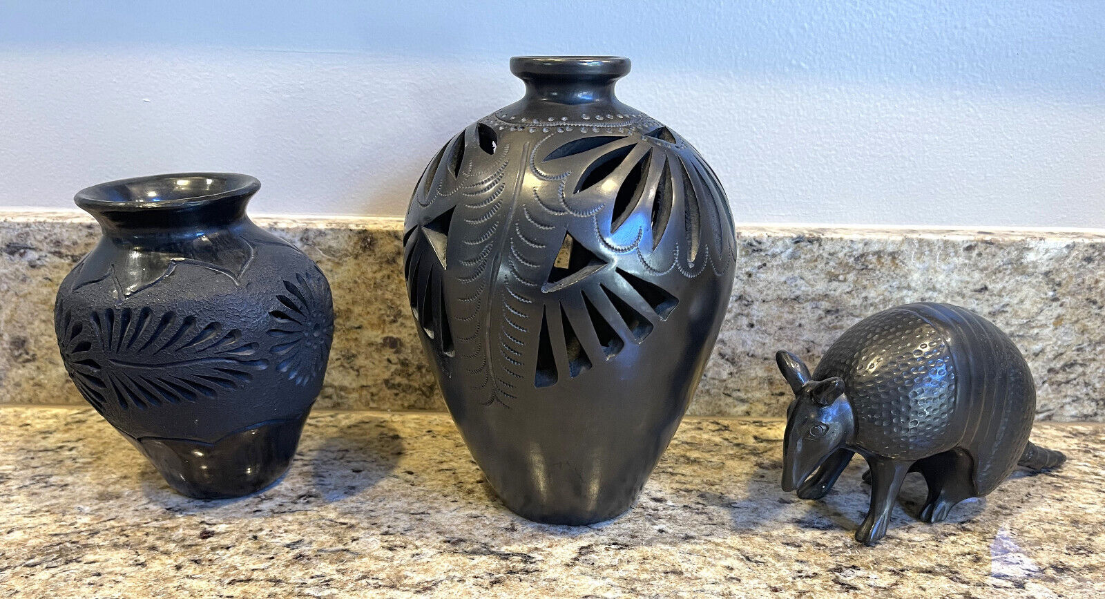 3 Pieces - Vintage Oaxaca Mexico Black Clay Armadillo Plus Two Filigree Vases