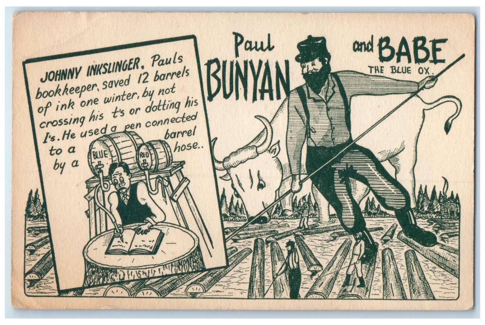 c1930's Paul Bunyan And Babe The Blue Ox Brainerd Minnesota MN Antique Postcard