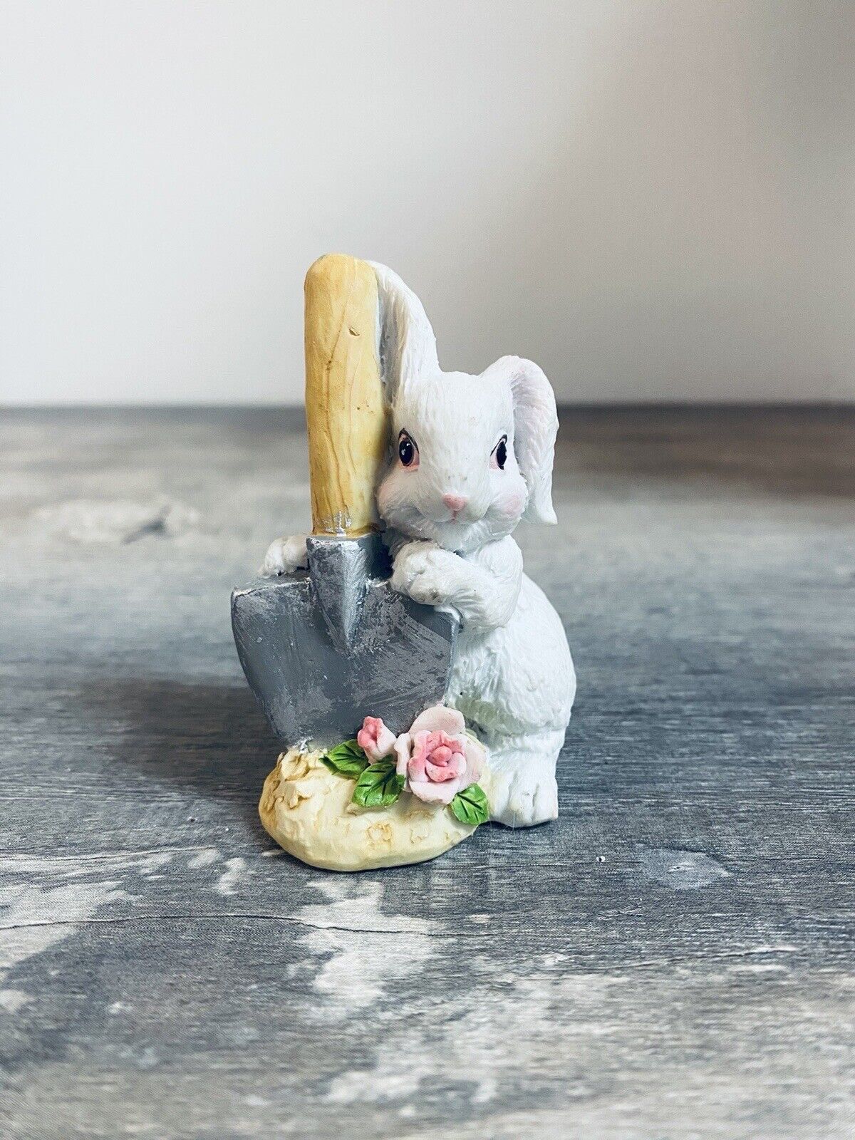 Vintage Resin White Easter Bunny Garden Rabbit with a Shovel Figurine 
