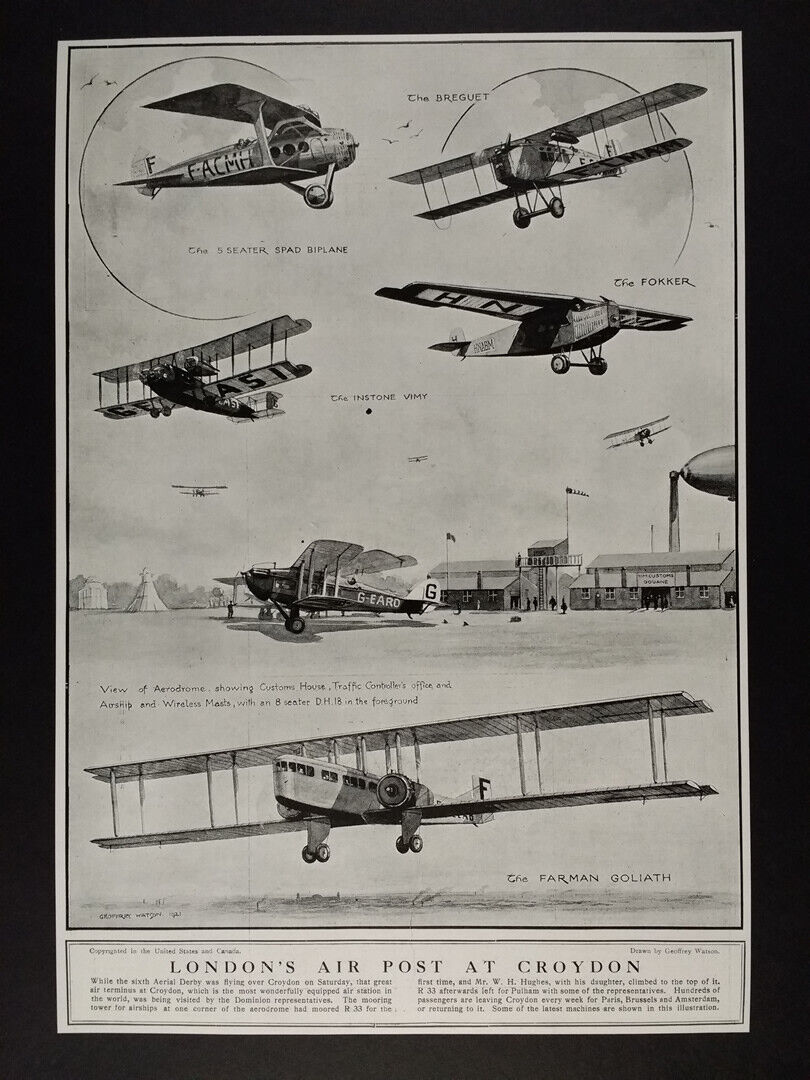 1921 Croydon Air Station Spad Breguet Fokker Farman Airplanes art page clipping