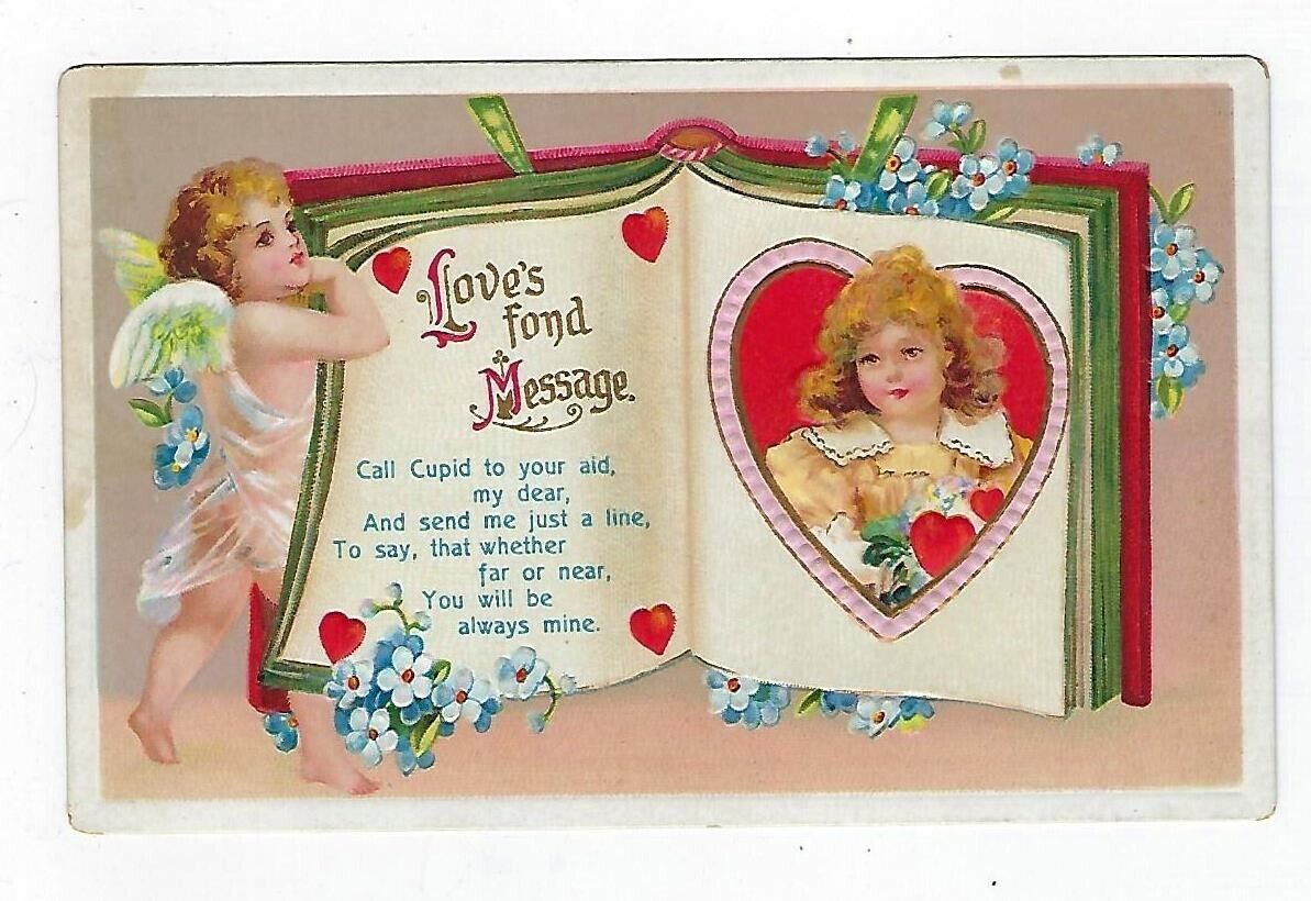 c1908 Int\'l Art Valentine Postcard Cupid & a Book With Love Message Embossed