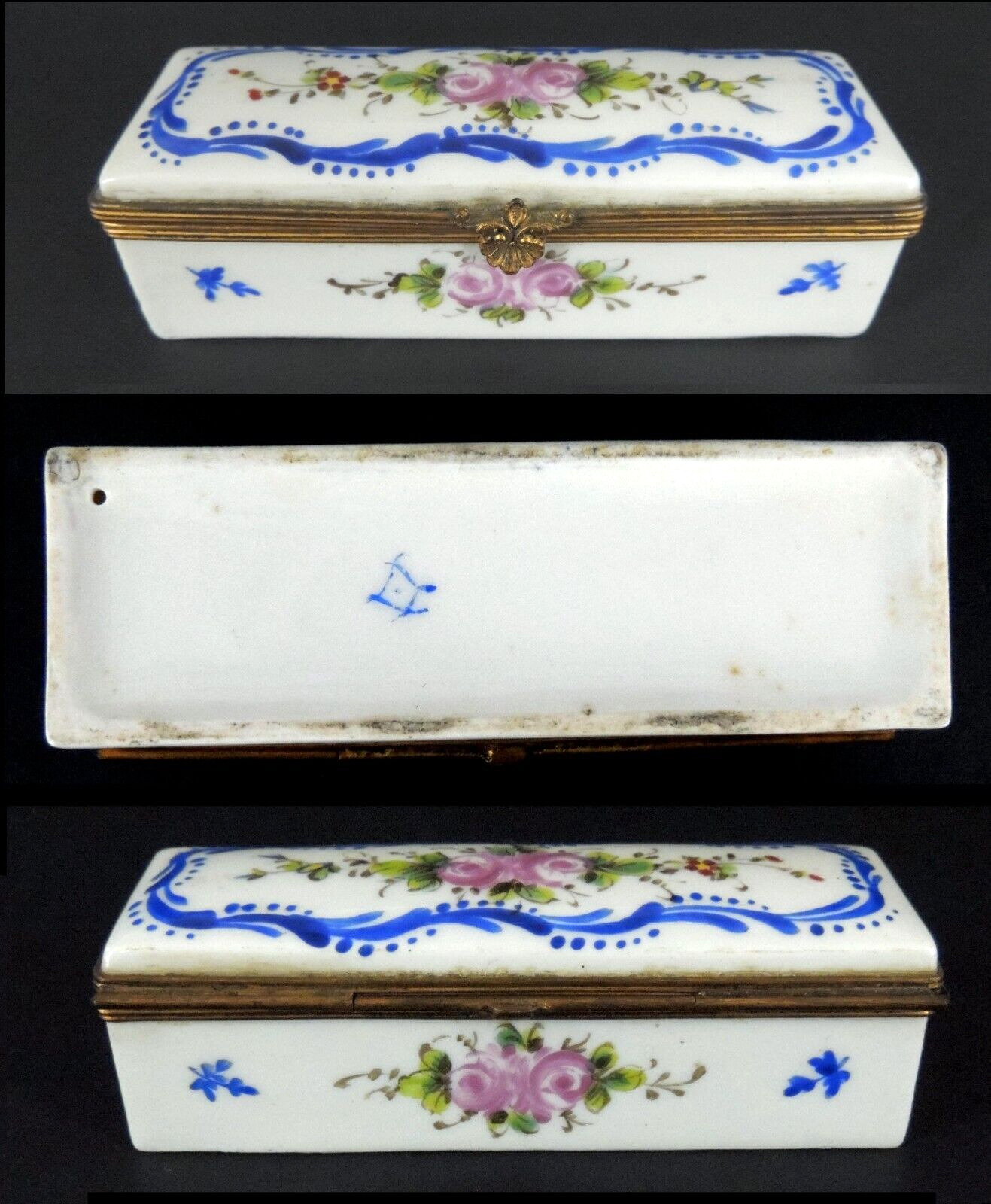 SEVRES France Porcelain Hand Painted Trinket Box w FLORAL DESIGN & Hinged Cover