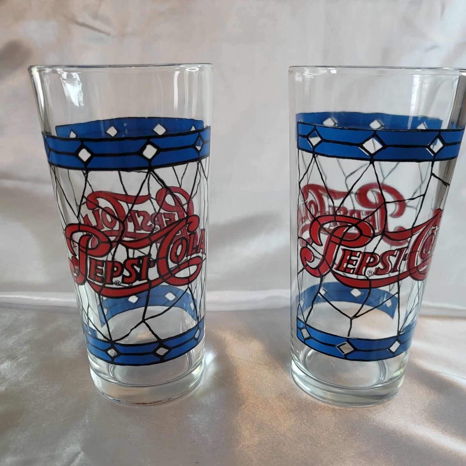 2 Collectible Vintage Large PEPSI-COLA Red & Blue Stained Glass Tumblers