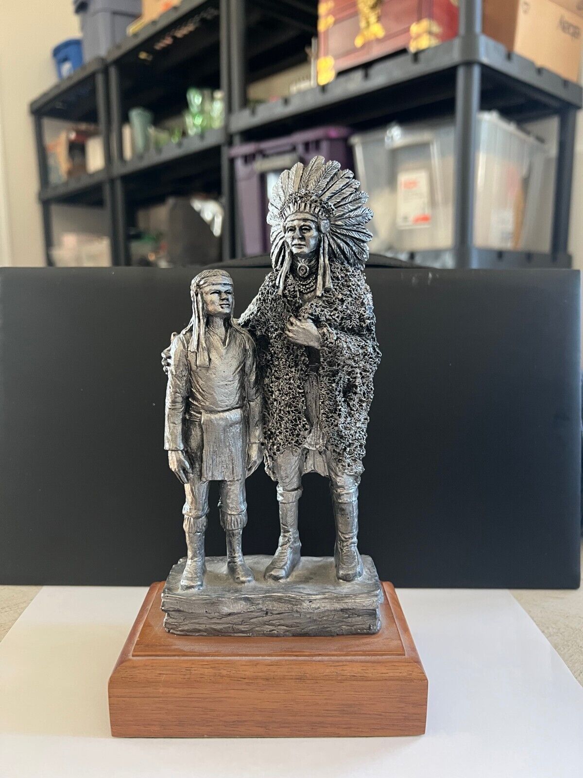 1983 Michael Ricker Pewter, Native American Indian Chief and Boy Statue