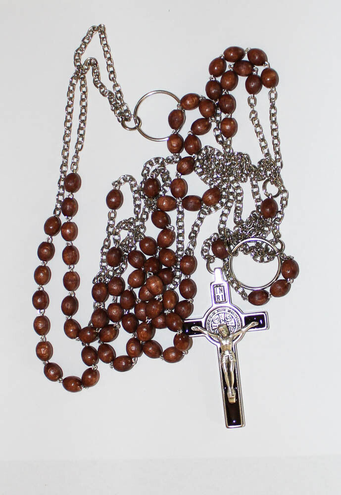 Franciscan Crown 7 Decade Rosary Wood Beads Chain Rosary Saint Benedict Cross