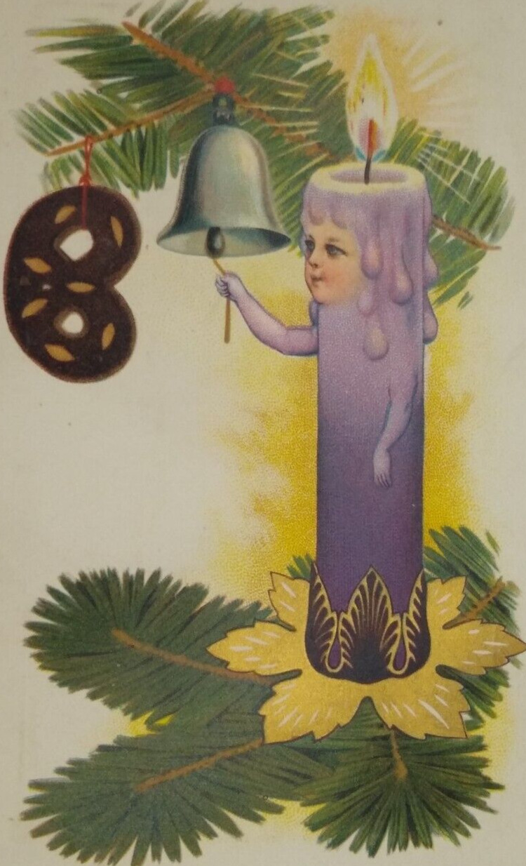 c1900s Anthropomorphic Candle Face Bell Cookie Vintage Christmas Postcard