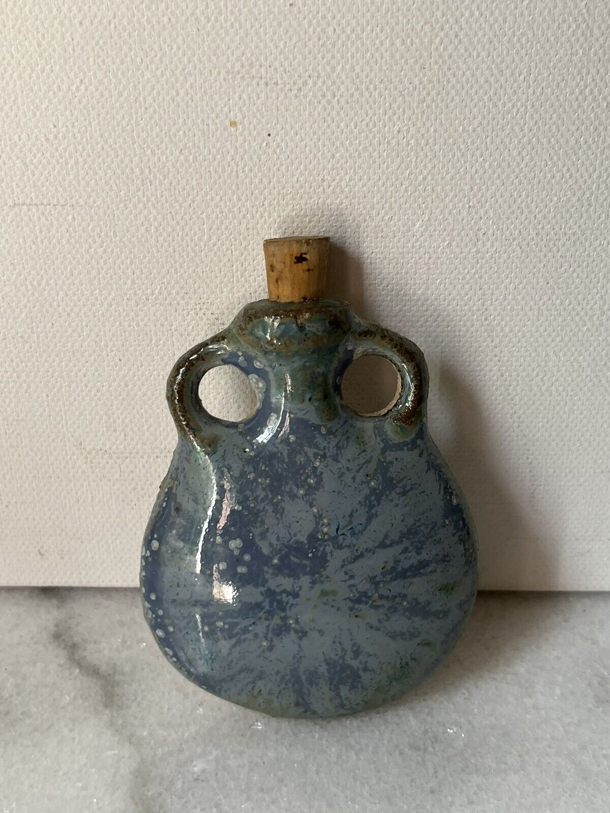 Rare 1960s Handmade Ceramic Mini Drinking Flask 3.5” Blue Pottery Art 26