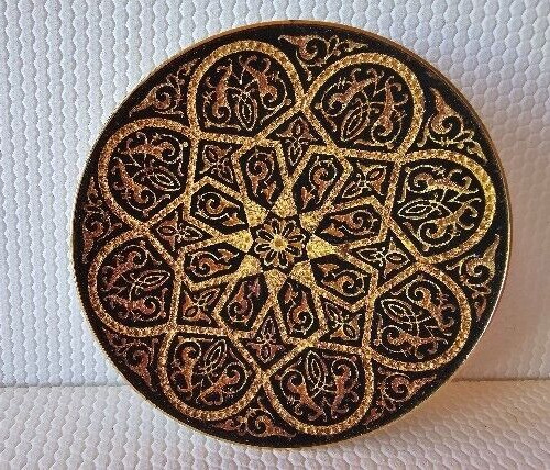 Vintage Damascene Footed Dish Arabesque Geometric Design 24K Miniature Art