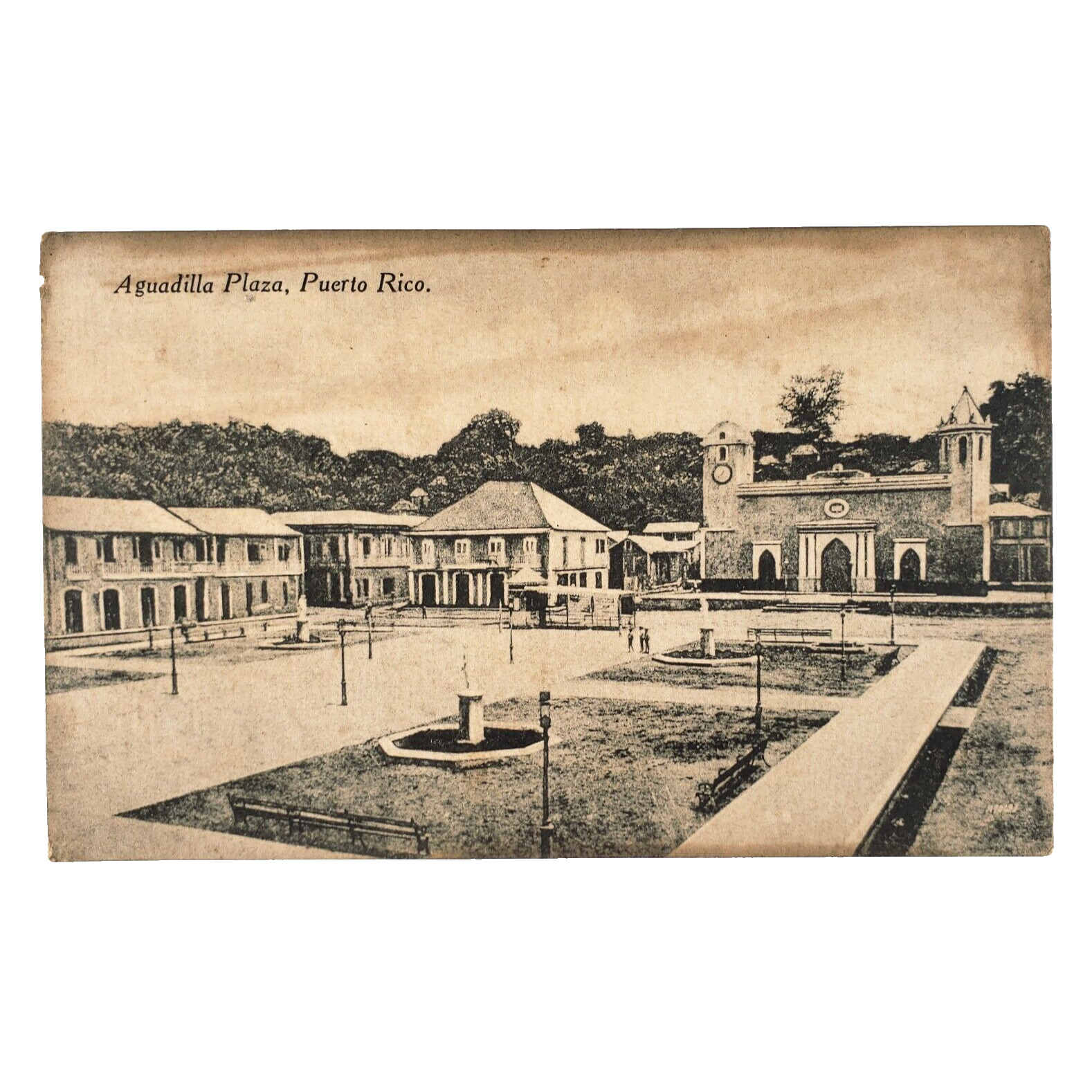Aguadilla Puerto Rico Plaza Postcard c1910 Antique Street Market & Church A4478
