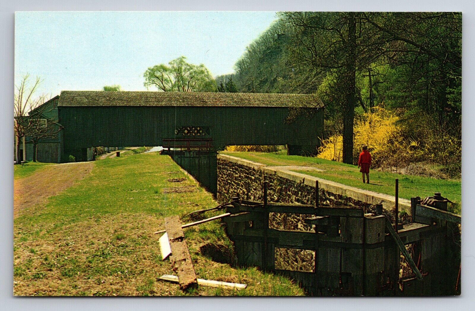 Canal Lock & Covered Bridge Bristol Pennsylvania Vintage Unposted Postcard