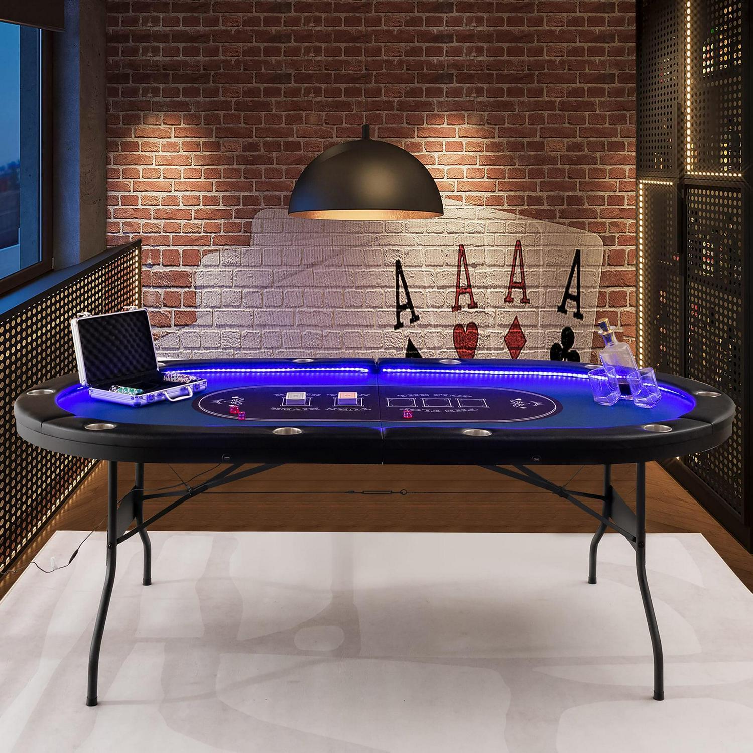 Foldable 10-Player Poker Table with LED Lights and USB Ports Texas Holdem