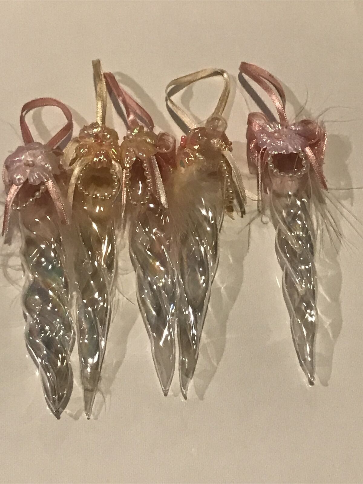 Set Of 5 Iridescent Clear Plastic Icicle Ornaments With Pink Flowers and Feather