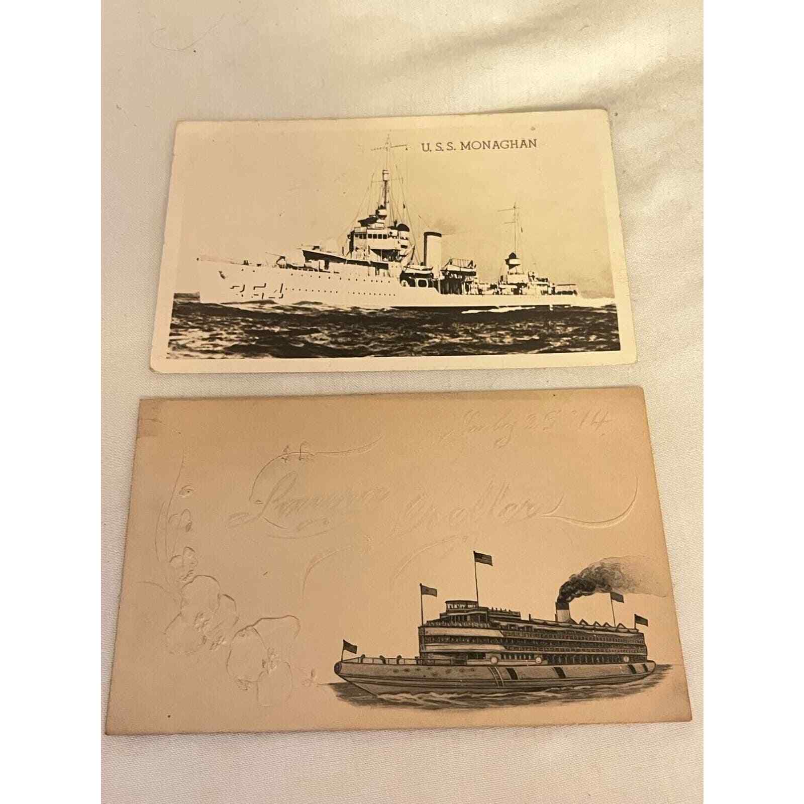 RPPC USS MONAGHAN DD-354 WWII ship 1930-50 real photo postcard + Another 1914