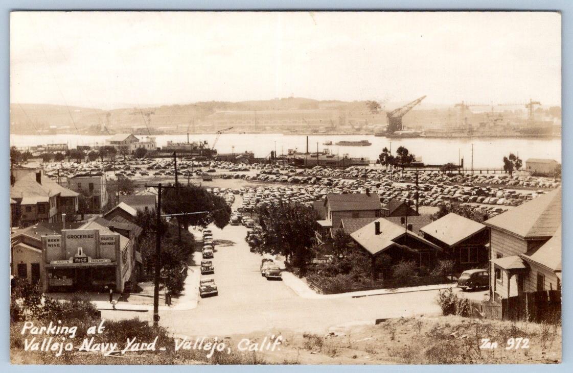1940s RPPC VALLEJO PARKING AT NAVY YARD CALIFORNIA COCA COLA SIGN GROCERY STORE