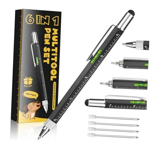 Novelty Gifts 6 in 1 Pens for Men, Multi Tools Pen EDC Unique Gadget as Black