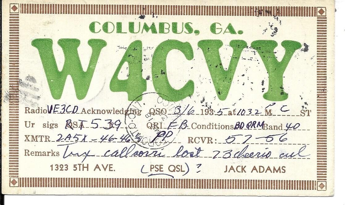 QSL  1935 Columbus Georgia    radio card