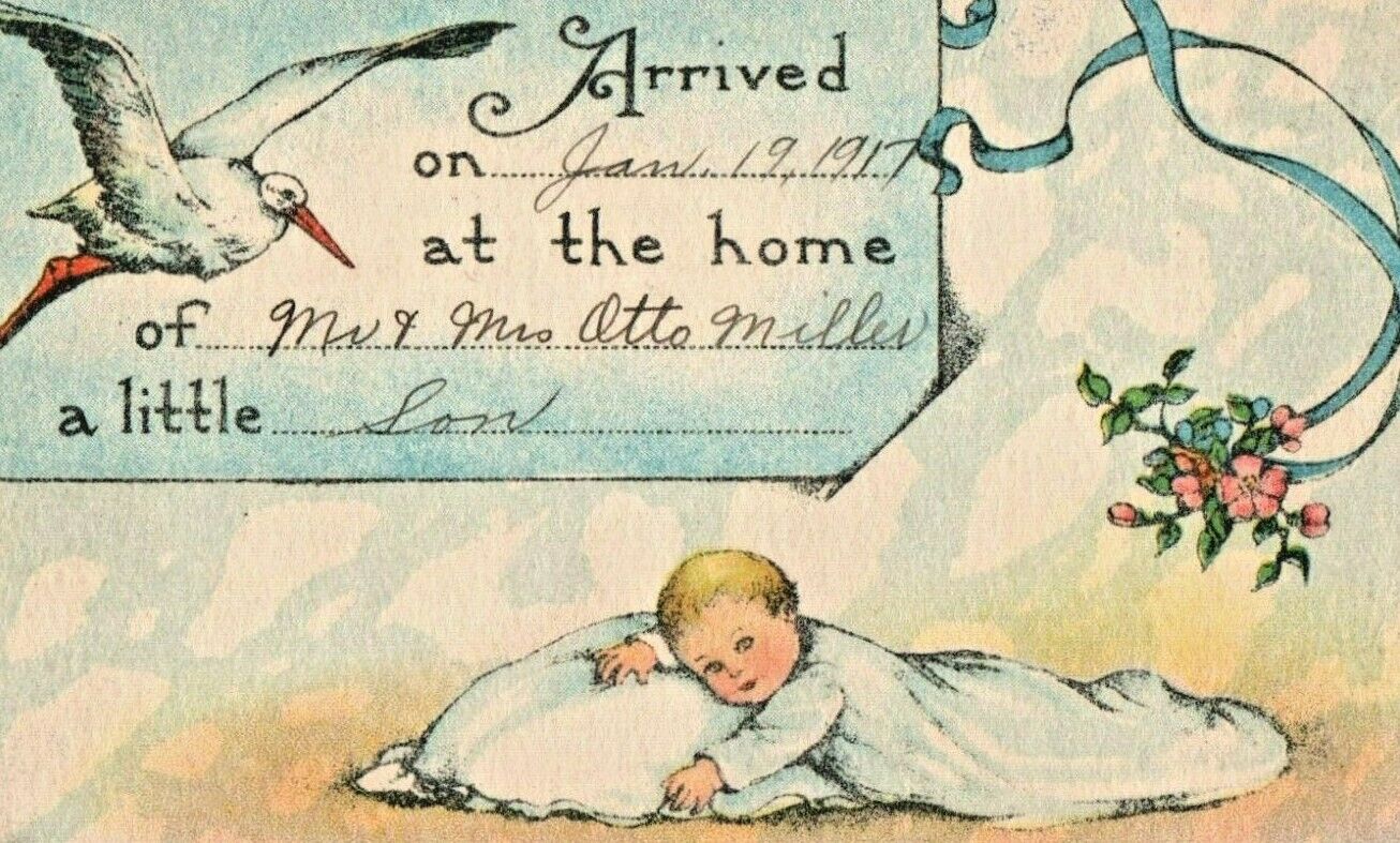 c.1917 Stork Baby Birth Arrival Vintage Postcard Otto Miller Son USA