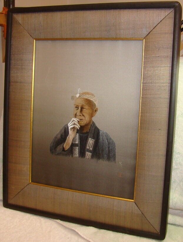 Framed C.1940 Japanese Embroidered Silk Uchida Portrait Man Smoking Kiseru Pipe